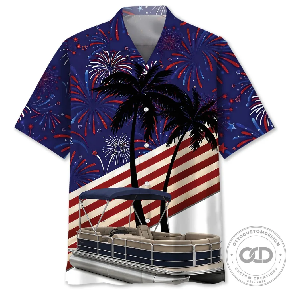 Fourth of July Pontoon Boat Palm Tree Fireworks Hawaiian Shirt Fourth of July Pontoon Boat Palm Tree Fireworks Hawaiian Shirt