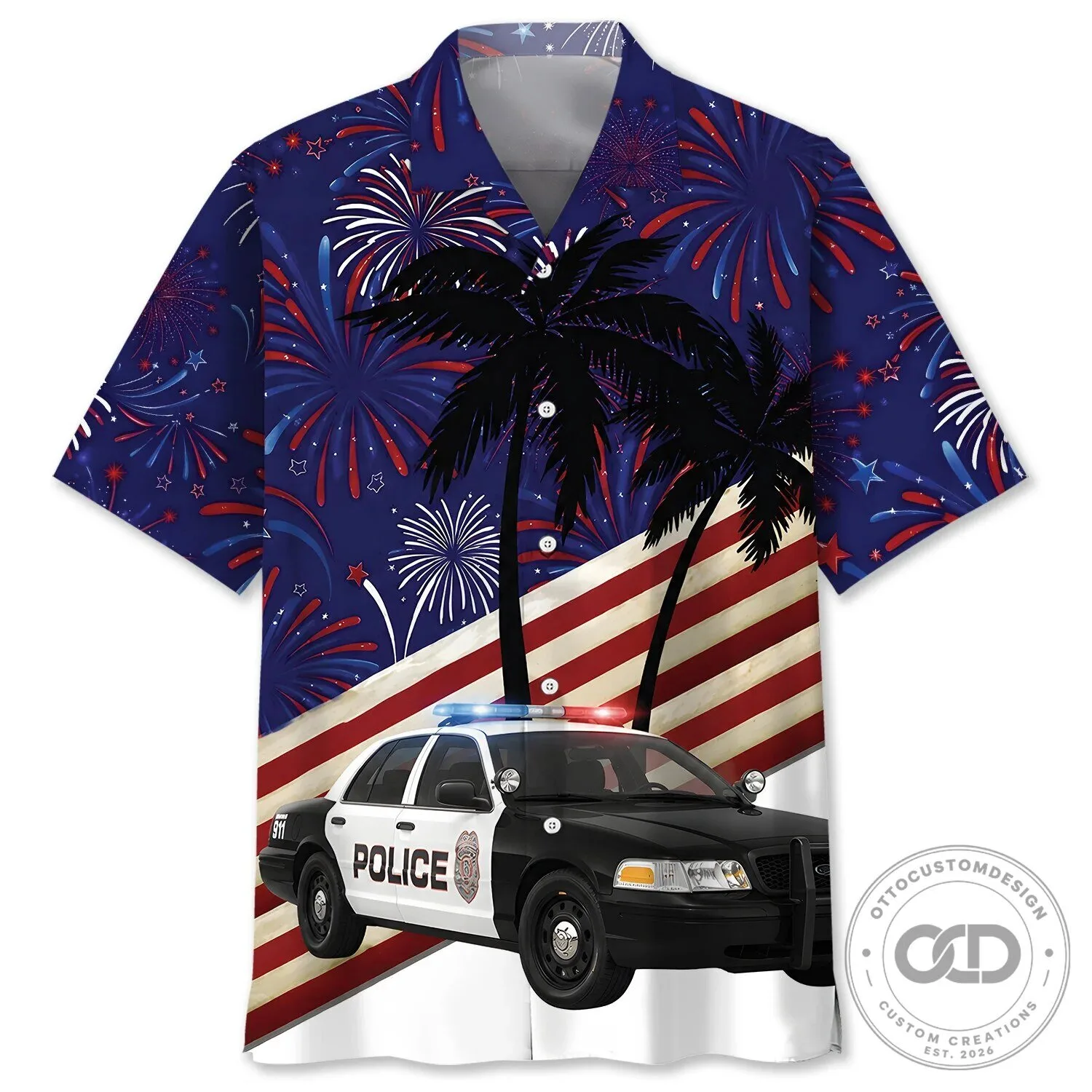 Fourth Of July Police Car Fireworks Patriotic Hawaiian Shirt