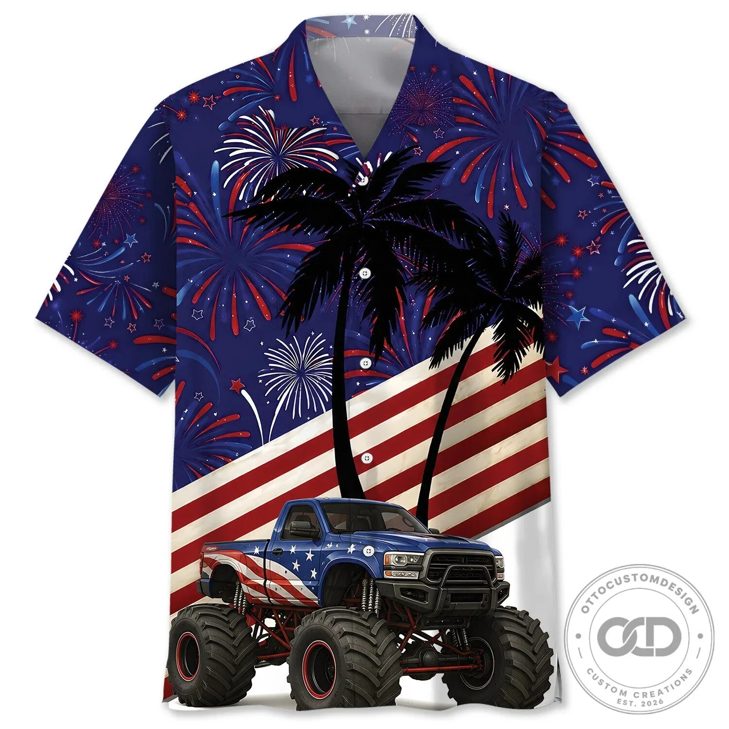 Fourth of July Monster Truck Fireworks Palm Trees Hawaiian Shirt