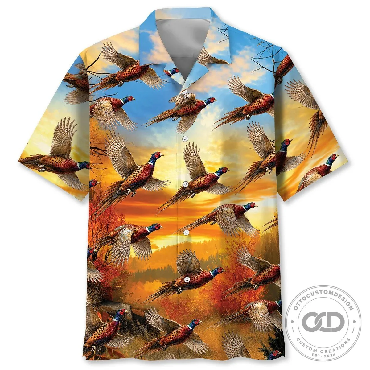 Flying Pheasant Birds Sunset Autumn Forest Hawaiian Shirt