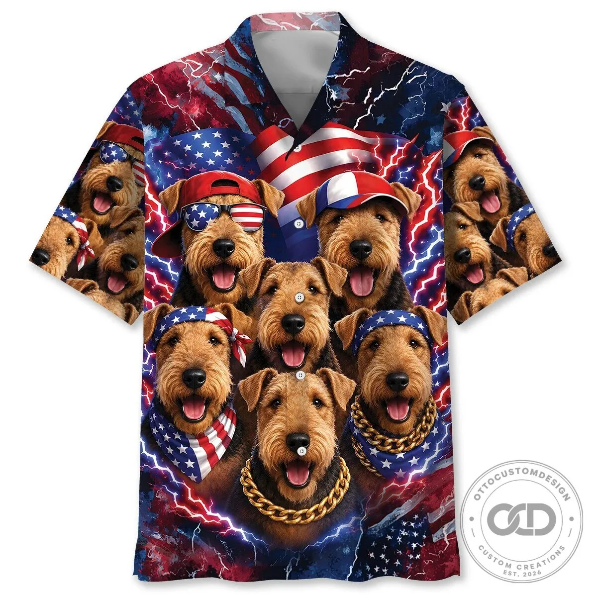 Airedale Terrier Patriotic American Flag Lightning Hawaiian Shirt