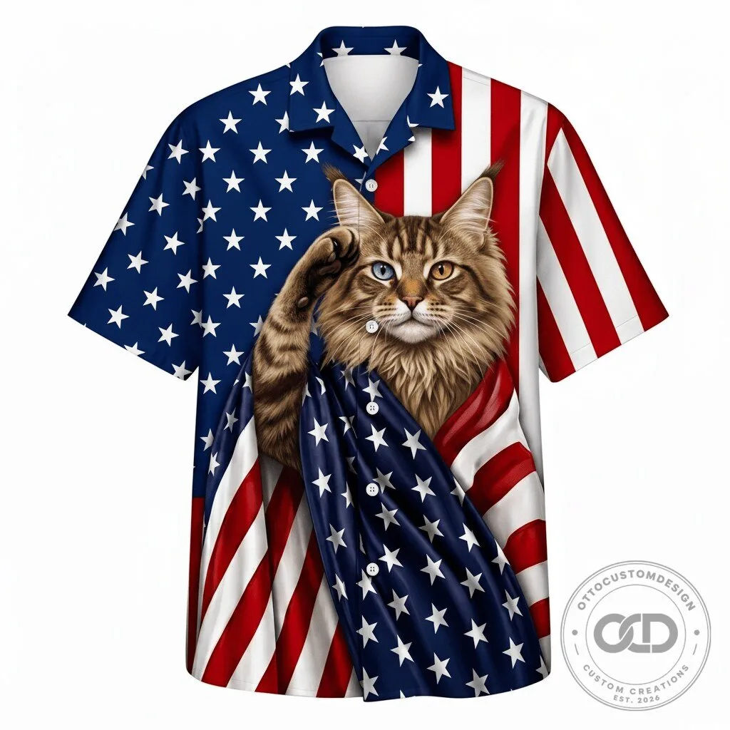 Maine Coon Cat Patriot American Flag Patriotic Hawaiian Shirt