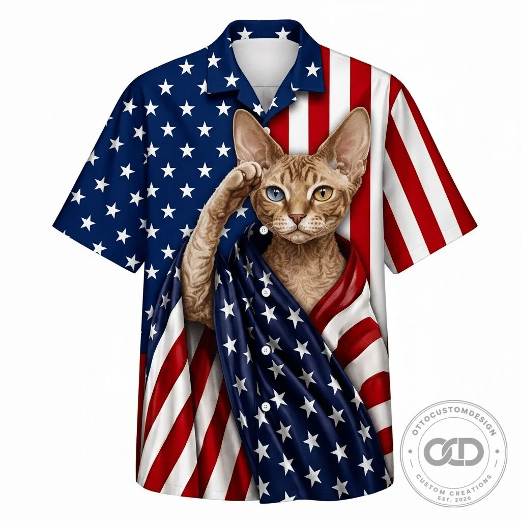 Cornish Rex Cat United States Flag Patriot Hawaiian Shirt
