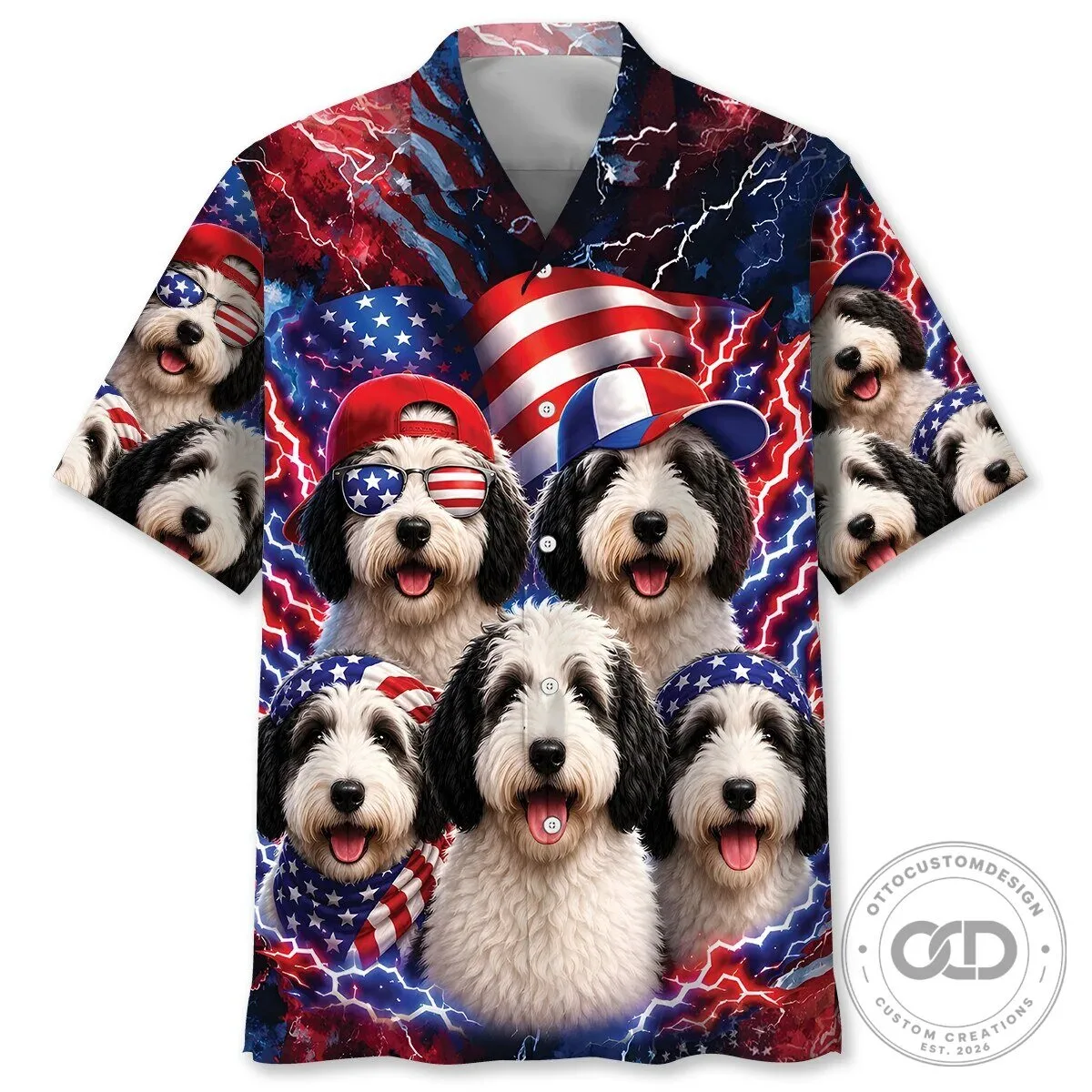 Patriotic Sheepadoodle Dog American Flag Lightning Hawaiian Shirt