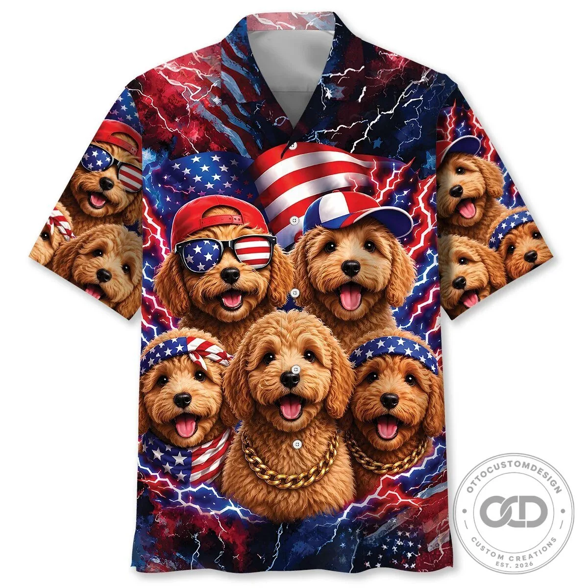 Funny Goldendoodle Patriotic American Flag Lightning Hawaiian Shirt