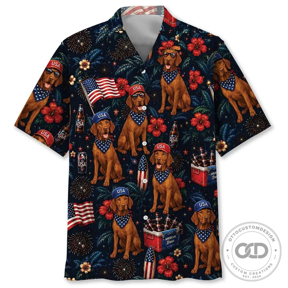 Patriotic Vizsla Dog American Flag Fourth of July Hawaiian Shirt