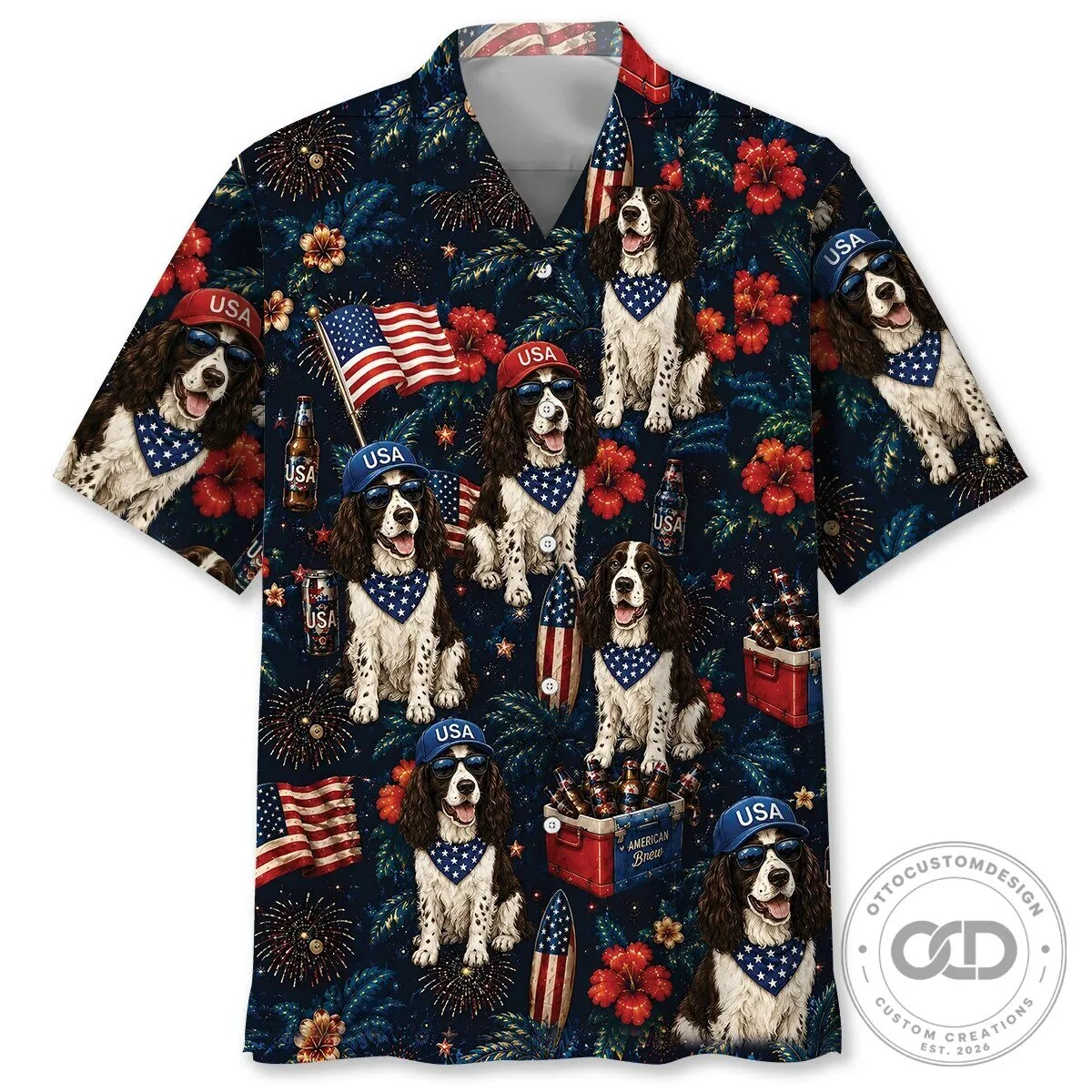 Patriotic English Springer Spaniel Dog American Flag Hawaiian Shirt
