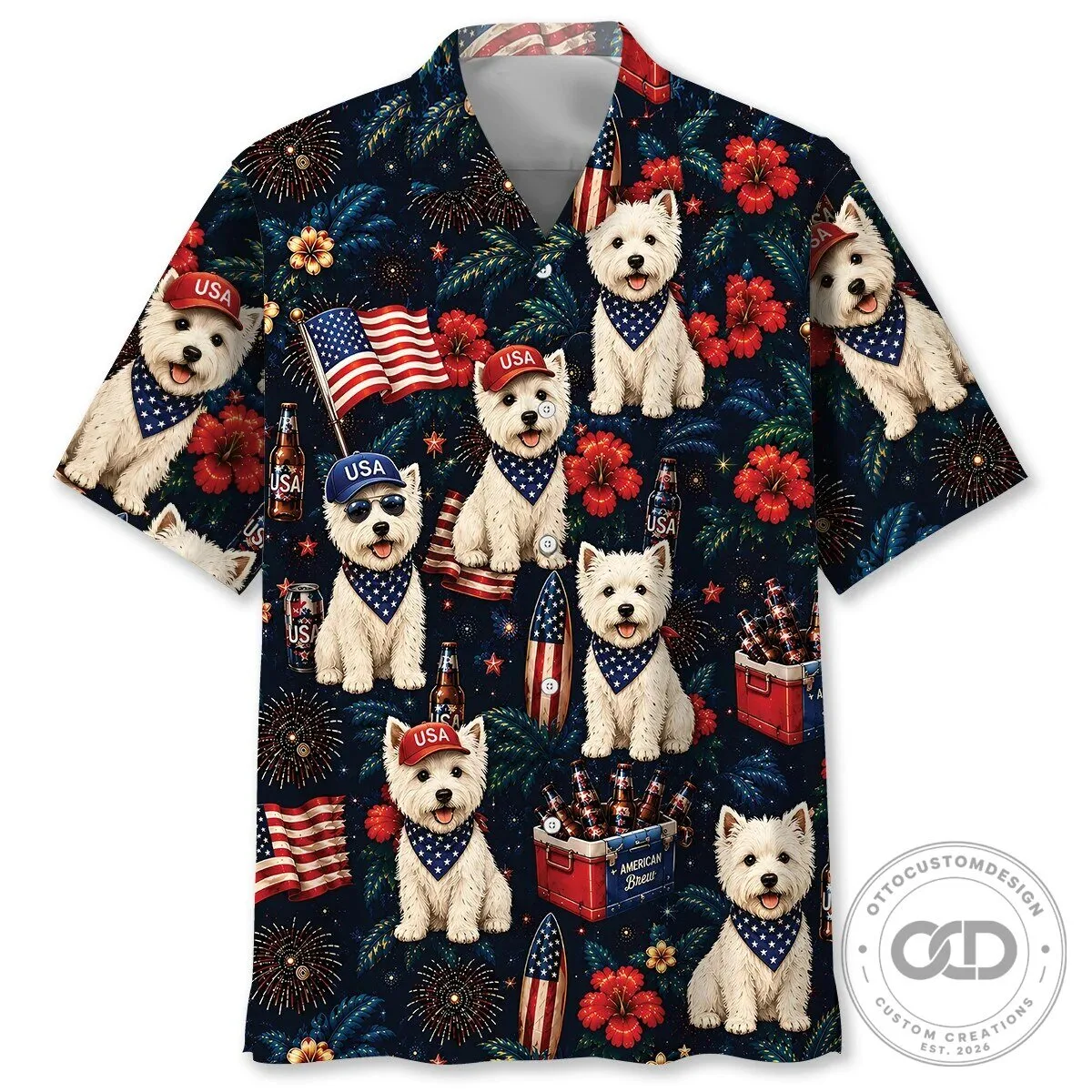 Patriotic West Highland White Terrier Dog American Flag Hawaiian Shirt