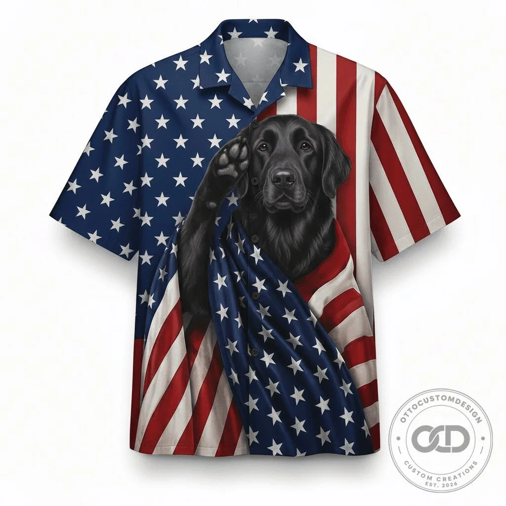 Black Labrador Retriever American Flag Patriotic Hawaiian Shirt