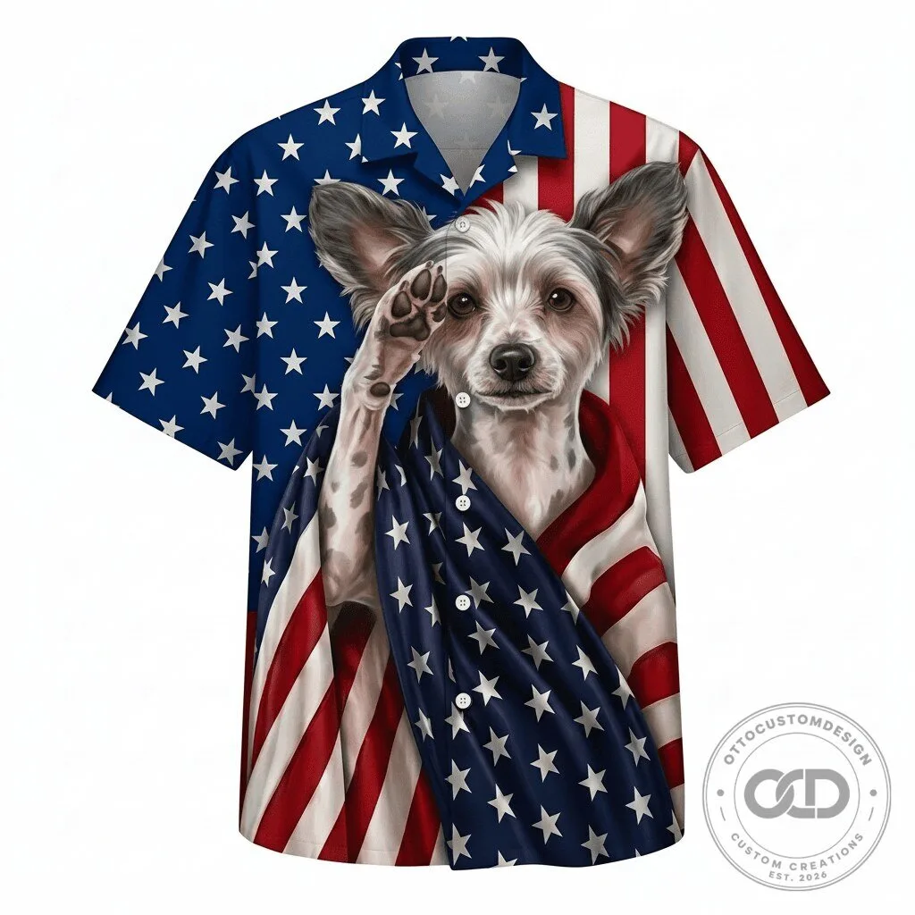 Chinese Crested Dog Patriotic American Flag Hawaiian Shirt