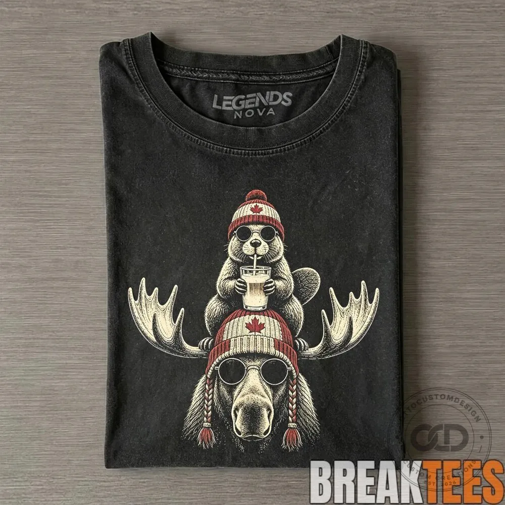 Funny Canadian Beaver Riding Moose with Maple Leaf Beanie T-Shirt
