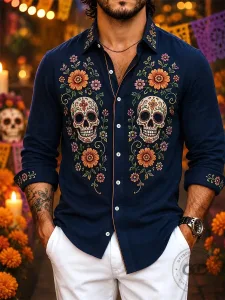 Day of the Dead Sugar Skull Embroidered Floral Pattern Men's Collared Shirt