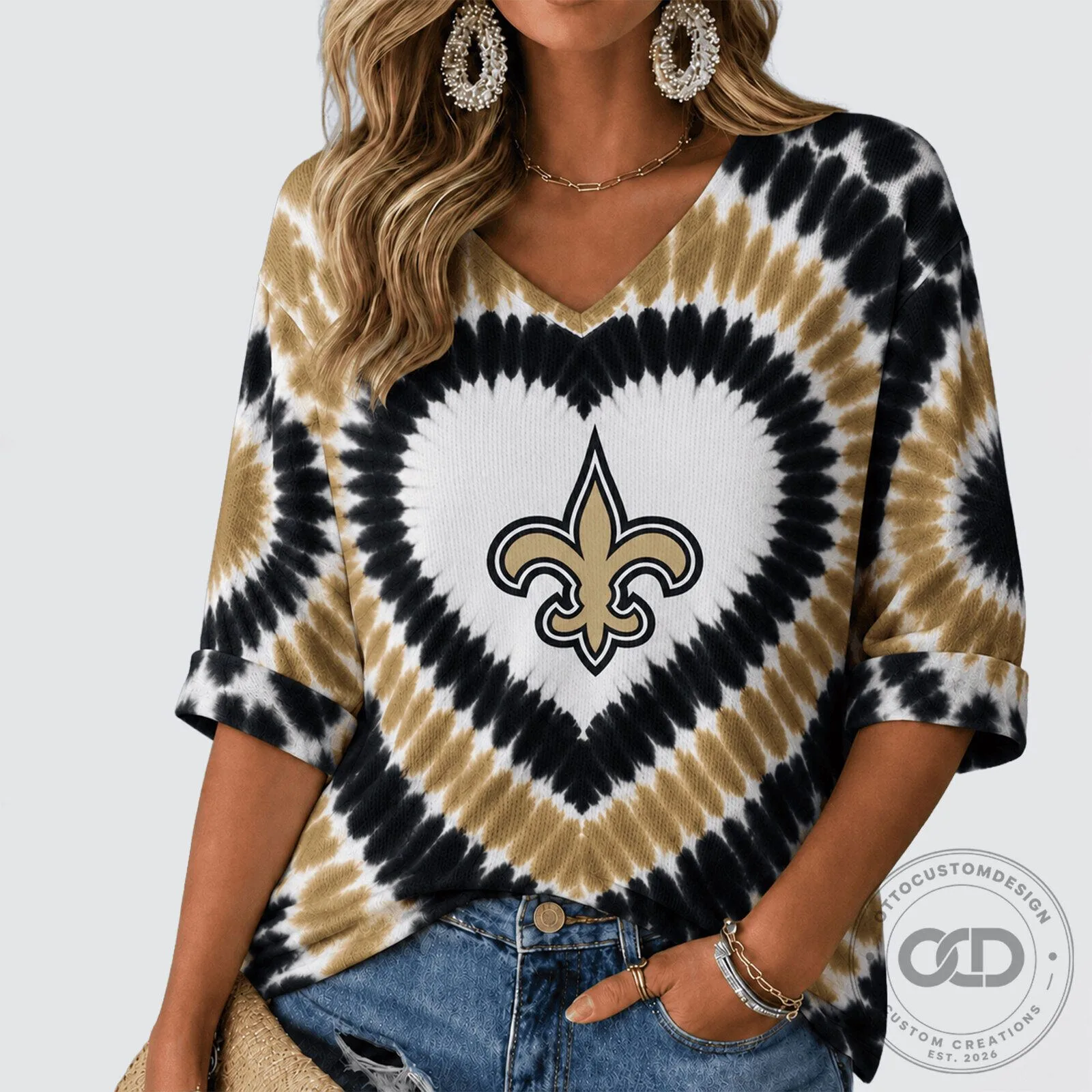 New Orleans Saints Tie Dye Heart Logo V-Neck Long Sleeve Shirt for Women