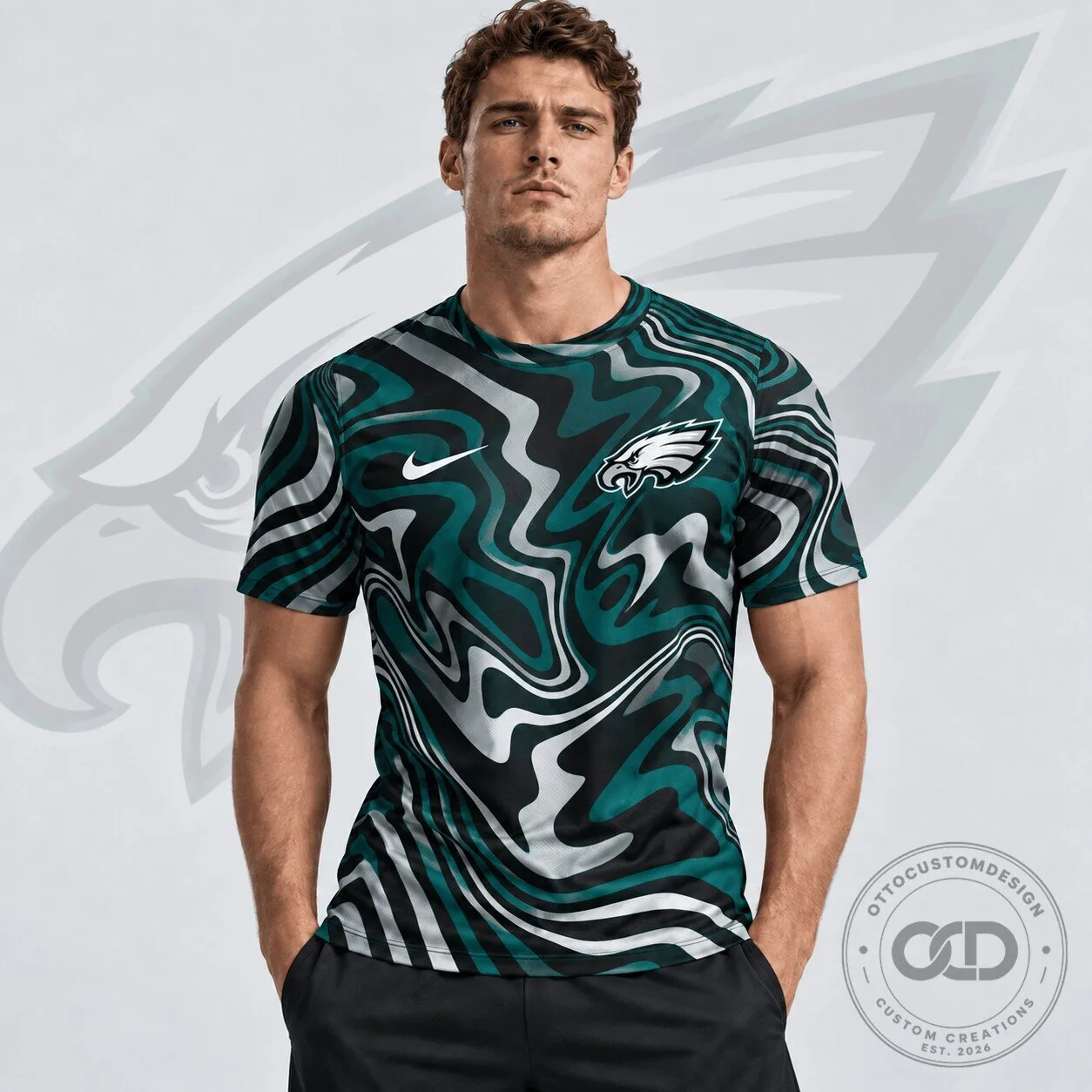 Philadelphia Eagles National Football League Team Crest Abstract Wave Pattern T-Shirt