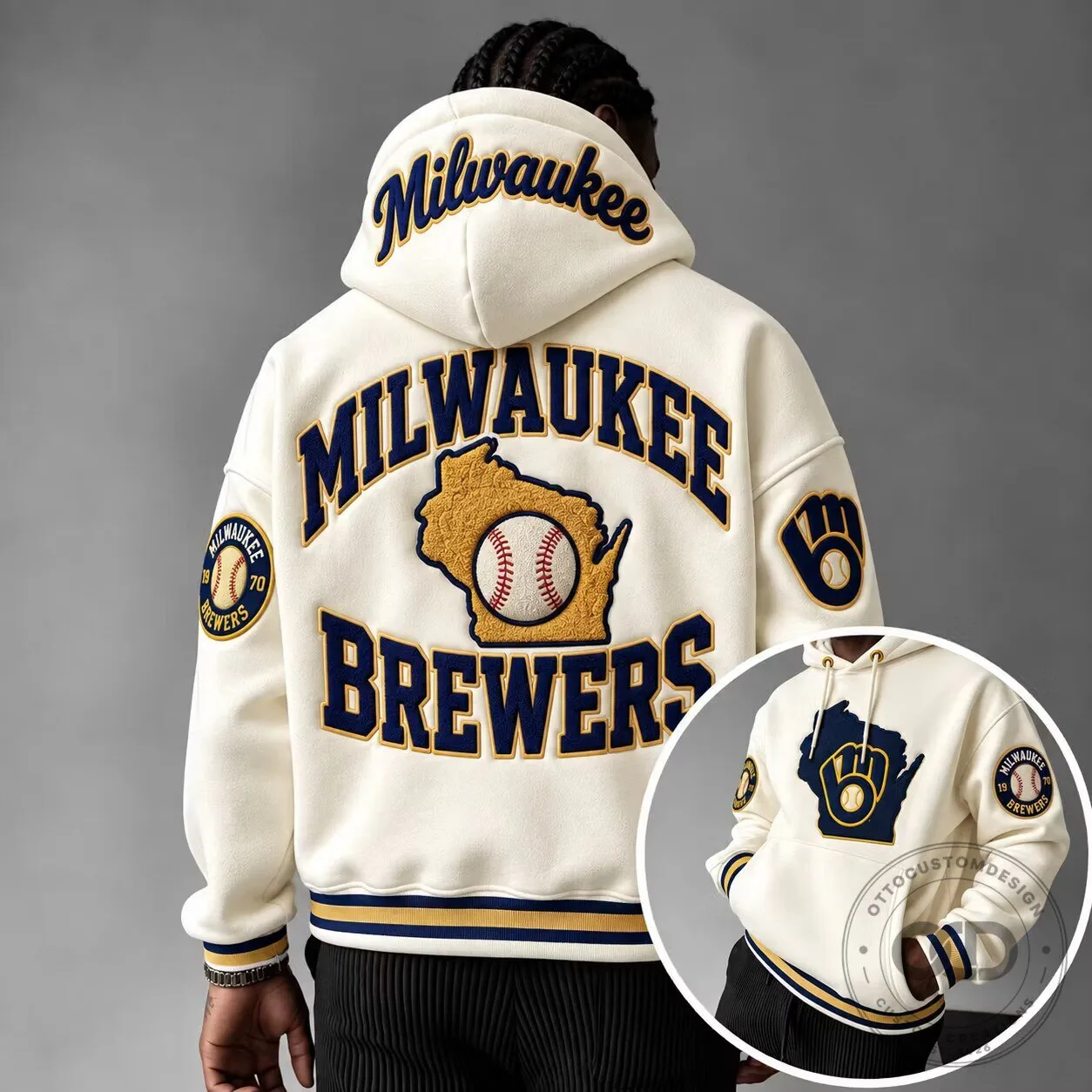 Milwaukee Brewers Baseball Team Logo Cream White Oversized Hoodie