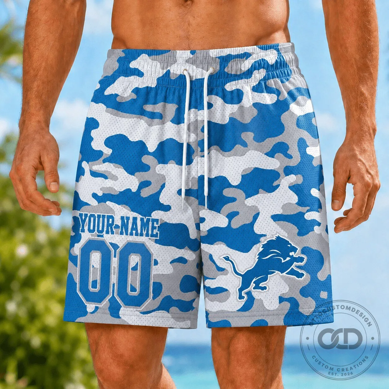 Detroit Lions Fan Custom Name Number Camouflage Athletic Shorts