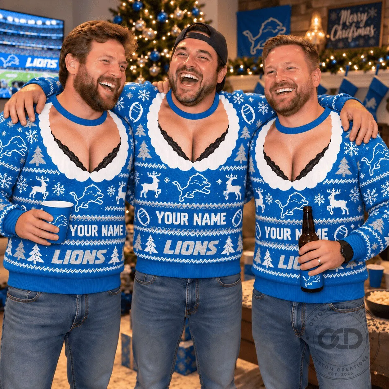 Detroit Lions Fan Ugly Christmas Sweater Custom Name Holiday Party Sweatshirt