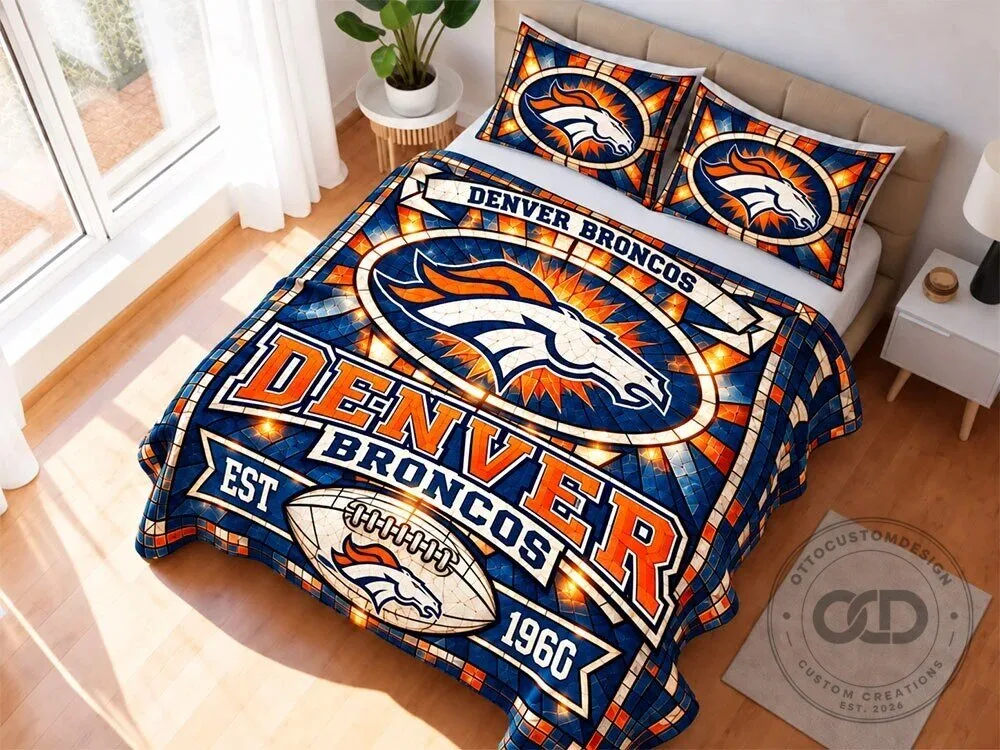 Denver Broncos Stained Glass Quilted Bedding Set with Pillow Shams