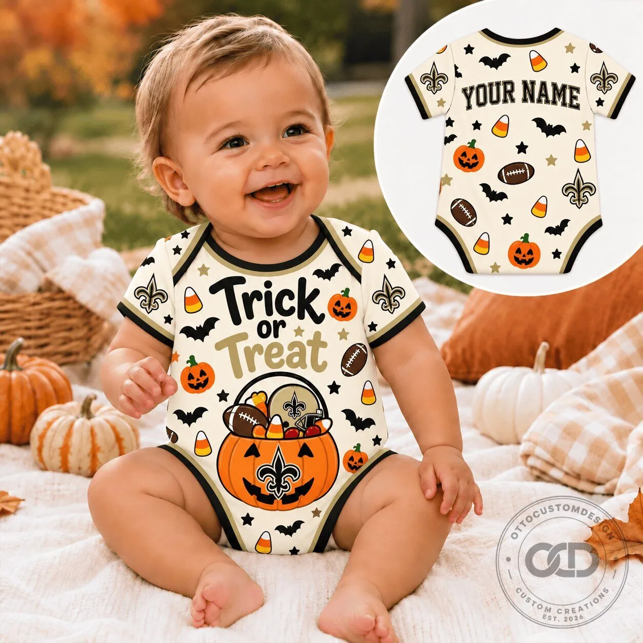New Orleans Saints Personalized Halloween Trick or Treat Baby Romper