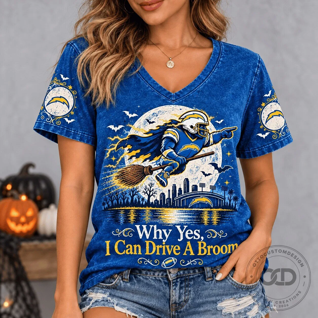 Los Angeles Chargers Halloween Football Witch V-Neck T-Shirt