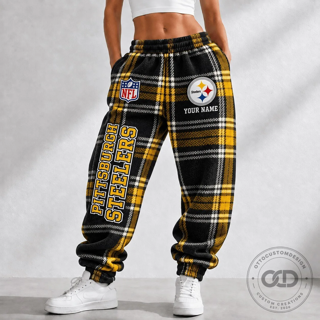 Pittsburgh Steelers NFL Plaid Custom Name Black And Gold Jogger Pants
