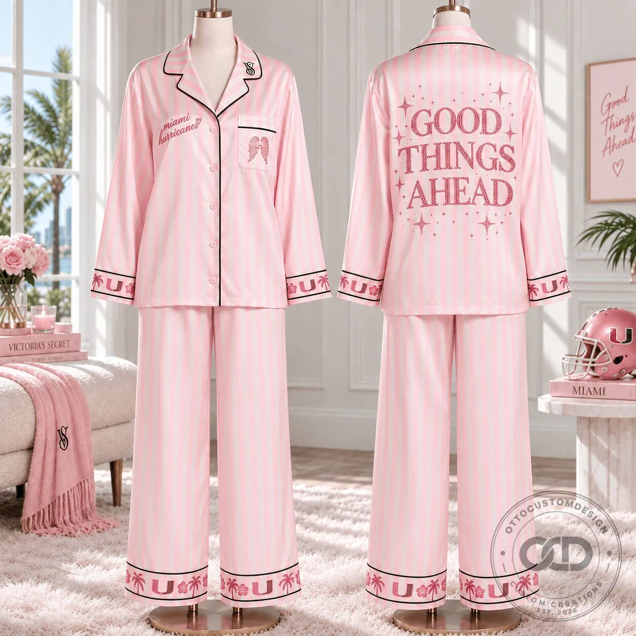 Miami Hurricanes Pink Striped Satin Pajama Set for Women
