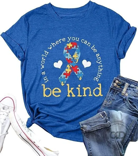 Be Kind Autism Awareness Day Puzzle Ribbon Blue Graphic T-Shirt