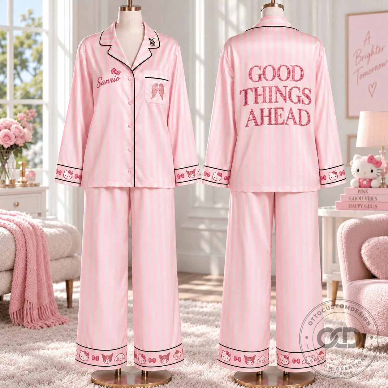 Hello Kitty Pink Striped Satin Pajama Set for Women