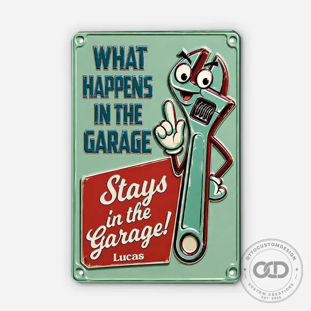 What Happens In The Garage Stays In The Garage Personalized Metal Sign