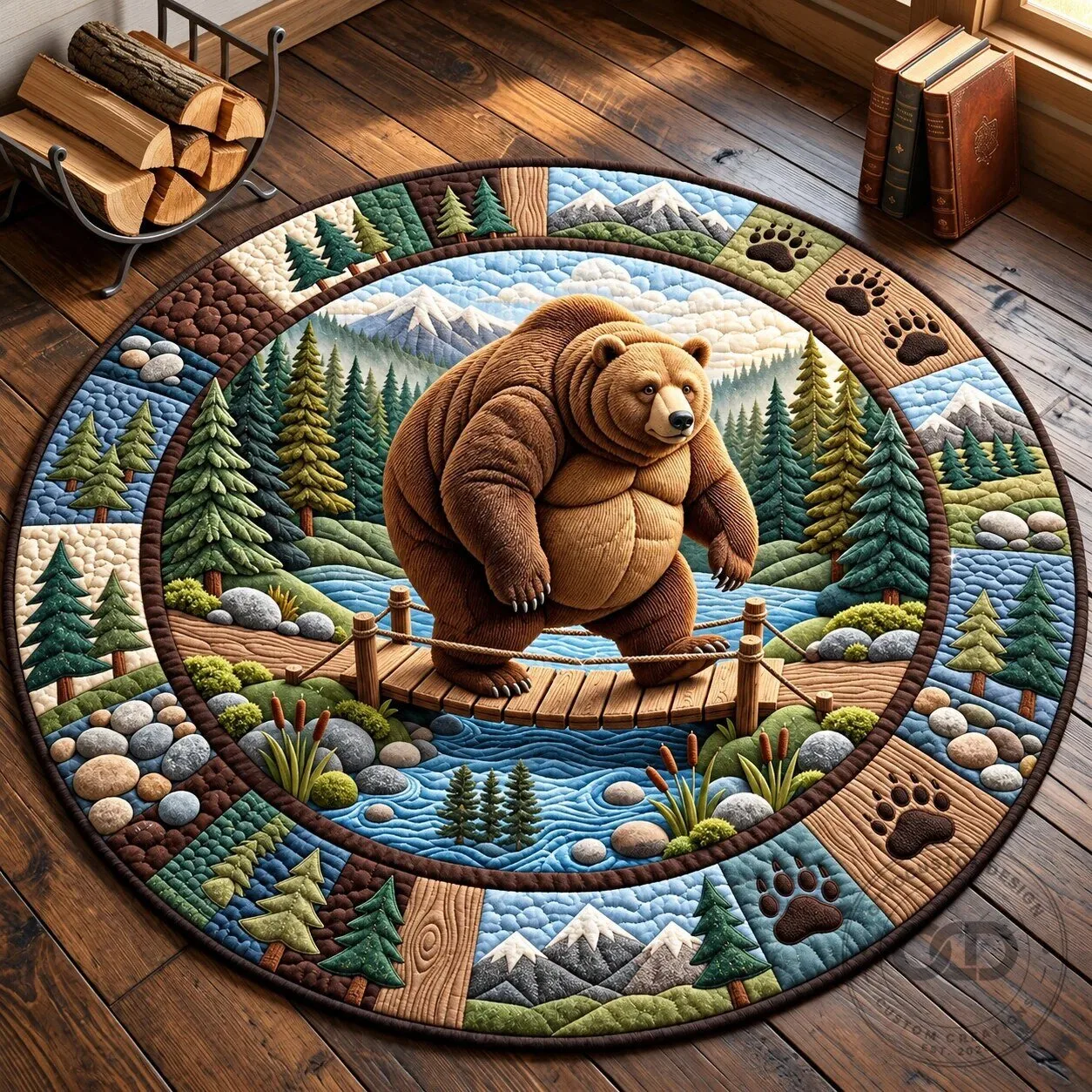 Grizzly Bear Forest Landscape Round Quilted Floor Mat Rug