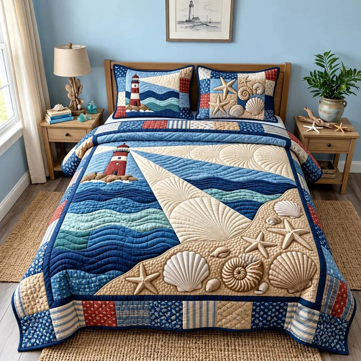 Nautical Lighthouse Ocean Breeze Seashell Beach Quilted Bedding Set