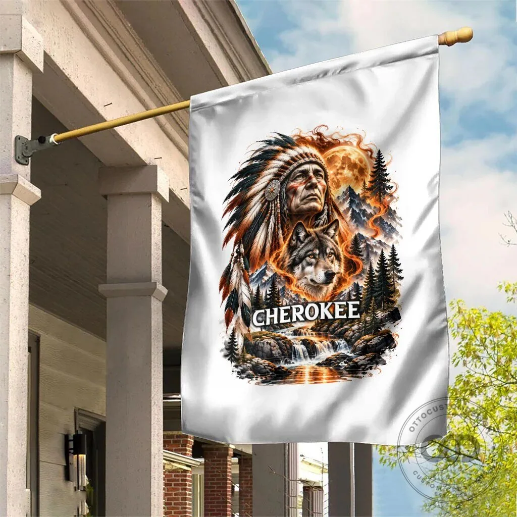 Cherokee Wolf and Native American Chief Tribal Nature Landscape Garden Flag 1 Cherokee Wolf and Native American Chief Tribal Nature Landscape Garden Flag
