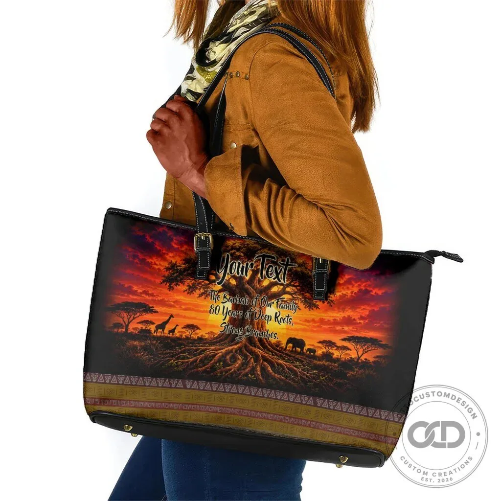 Personalized 80th Birthday Baobab Tree African Sunset Savanna Silhouette Leather Tote Bag
