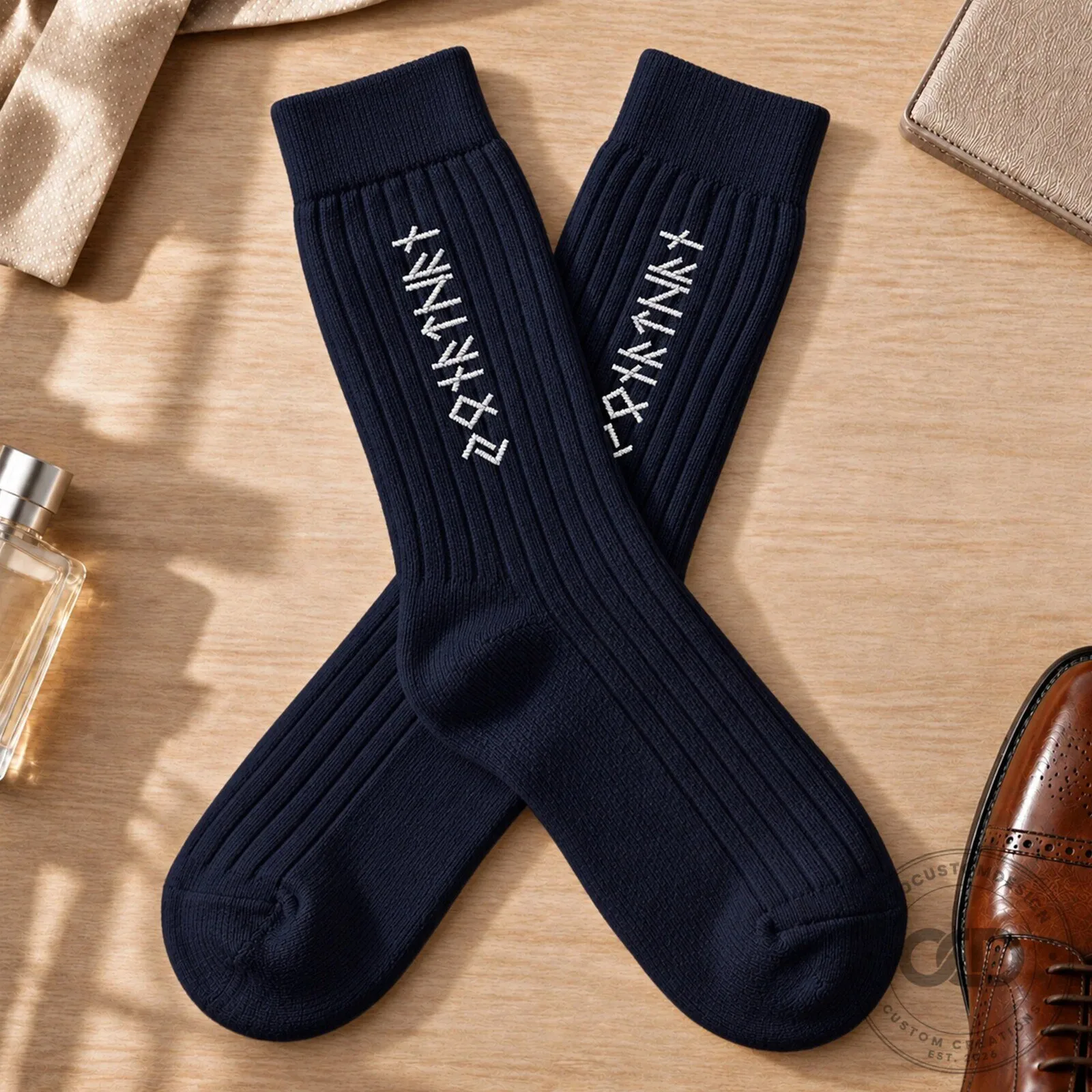 Personalized Viking Runes Embroidered Navy Blue Ribbed Crew Socks
