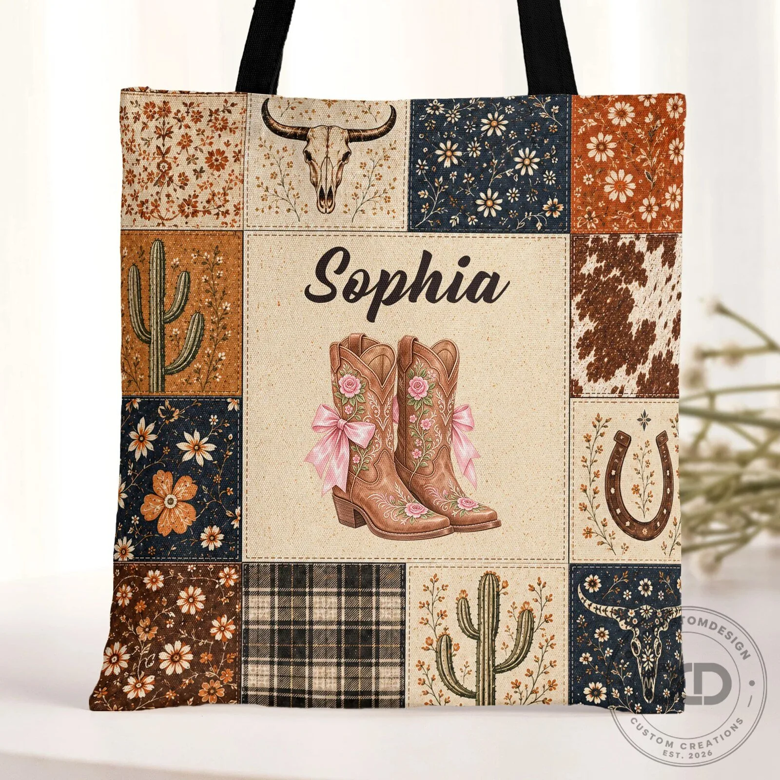 Personalized Western Cowgirl Boots Patchwork Style Tote Bag for Women