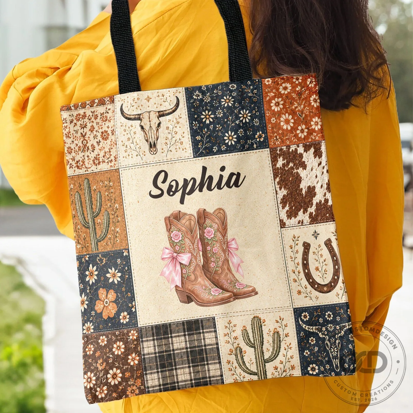 Personalized Western Cowgirl Boots Patchwork Style Tote Bag for Women 12 Personalized Western Cowgirl Boots Patchwork Style Tote Bag for Women