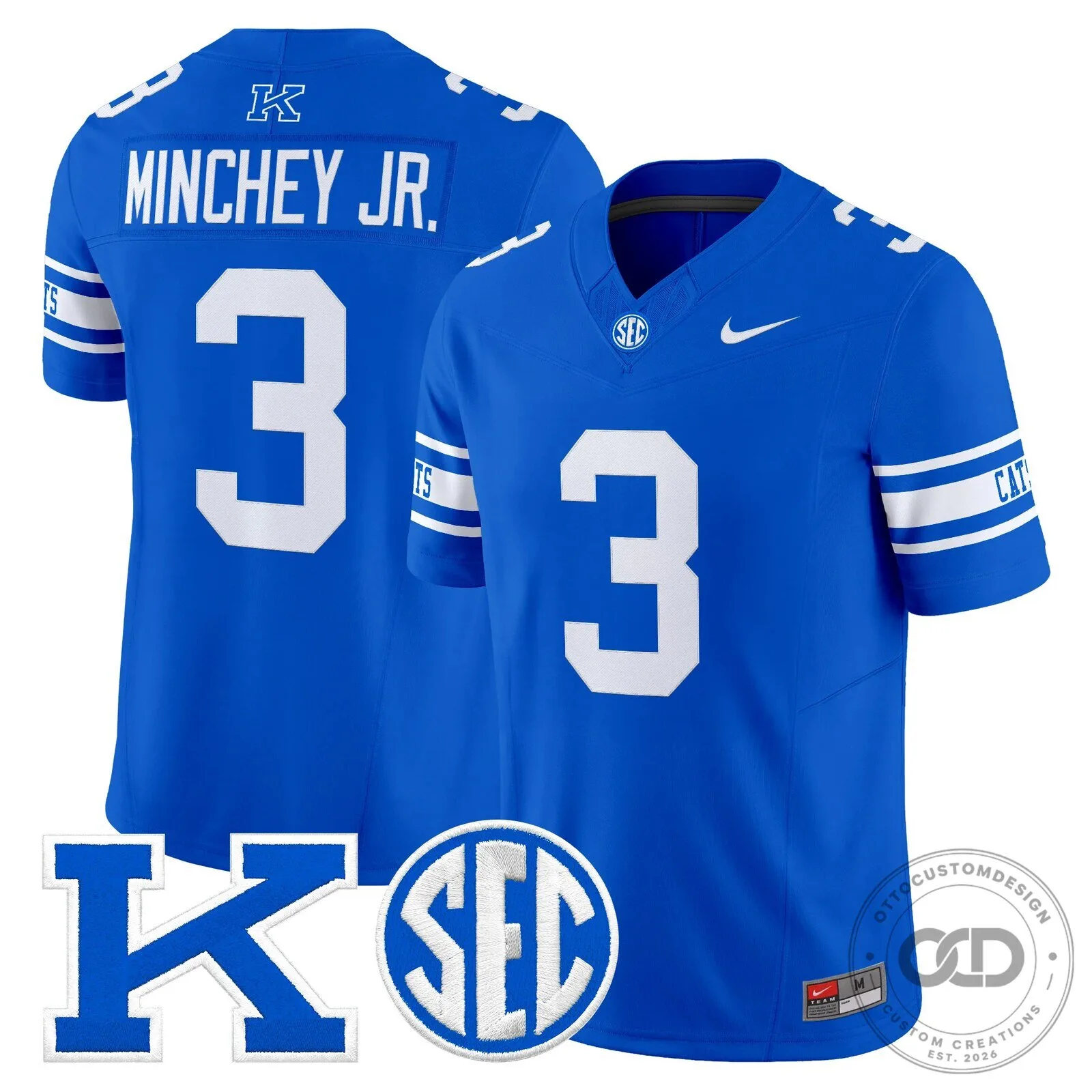 Royal Blue Football Jersey for Kentucky Wildcats featuring Minchey Jr. Number 3