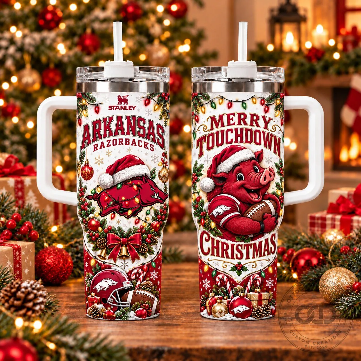 Arkansas Razorbacks Merry Touchdown Christmas Holiday Tumbler with Handle