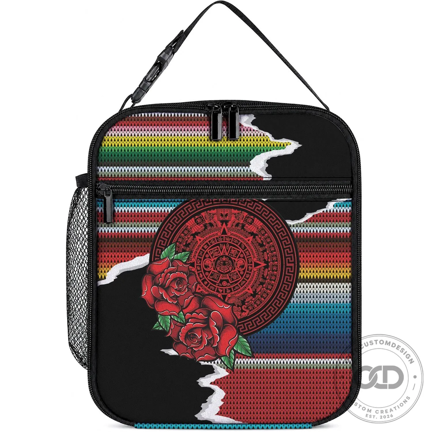 Mexico Aztec Calendar Red Roses Poncho Pattern Insulated Lunch Bag