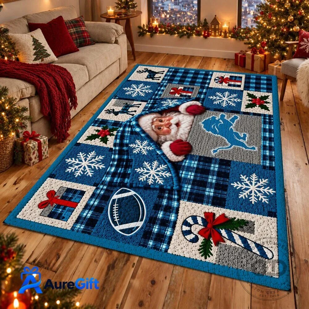 Detroit Lions Christmas Santa Claus Snowflake Holiday Area Rug