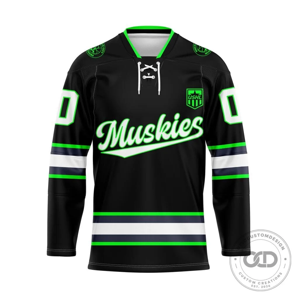 Sioux City Musketeers Personalized Black and Green Hockey Jersey