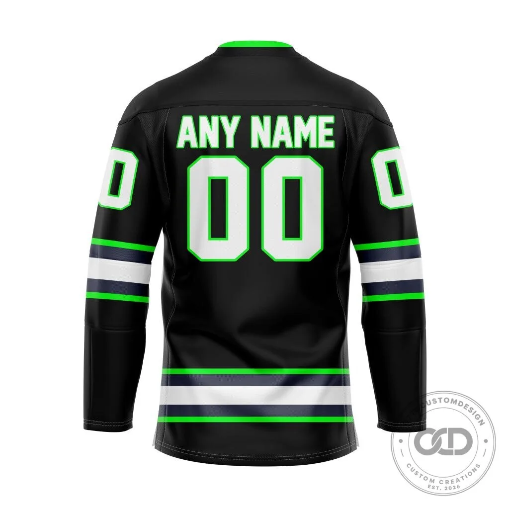 Sioux City Musketeers Personalized Black and Green Hockey Jersey 7 Sioux City Musketeers Personalized Black and Green Hockey Jersey