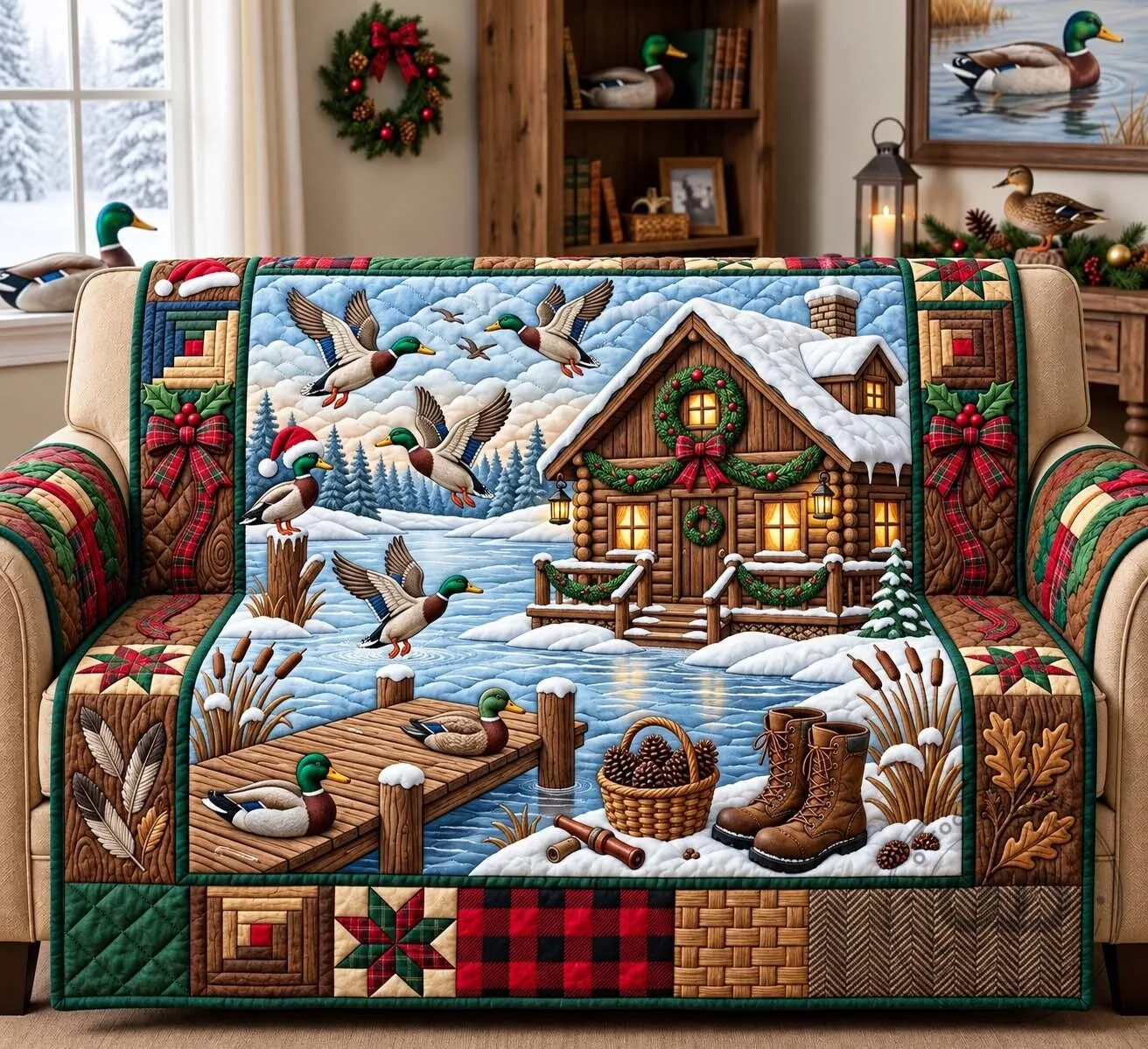 Winter Duck Lodge Quilted Sofa Cover for Living Room Decor