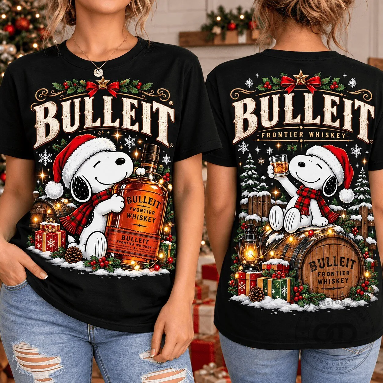 Snoopy Christmas Holiday Tee featuring Bulleit Frontier Whiskey Design