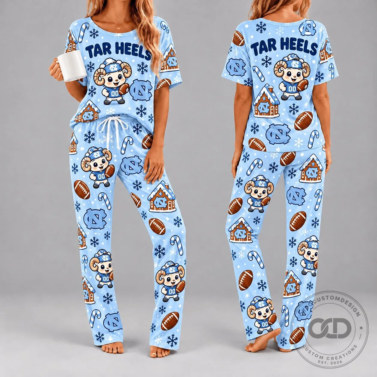 North Carolina Tar Heels Christmas Women's Pajamas Set with Football Ram Design