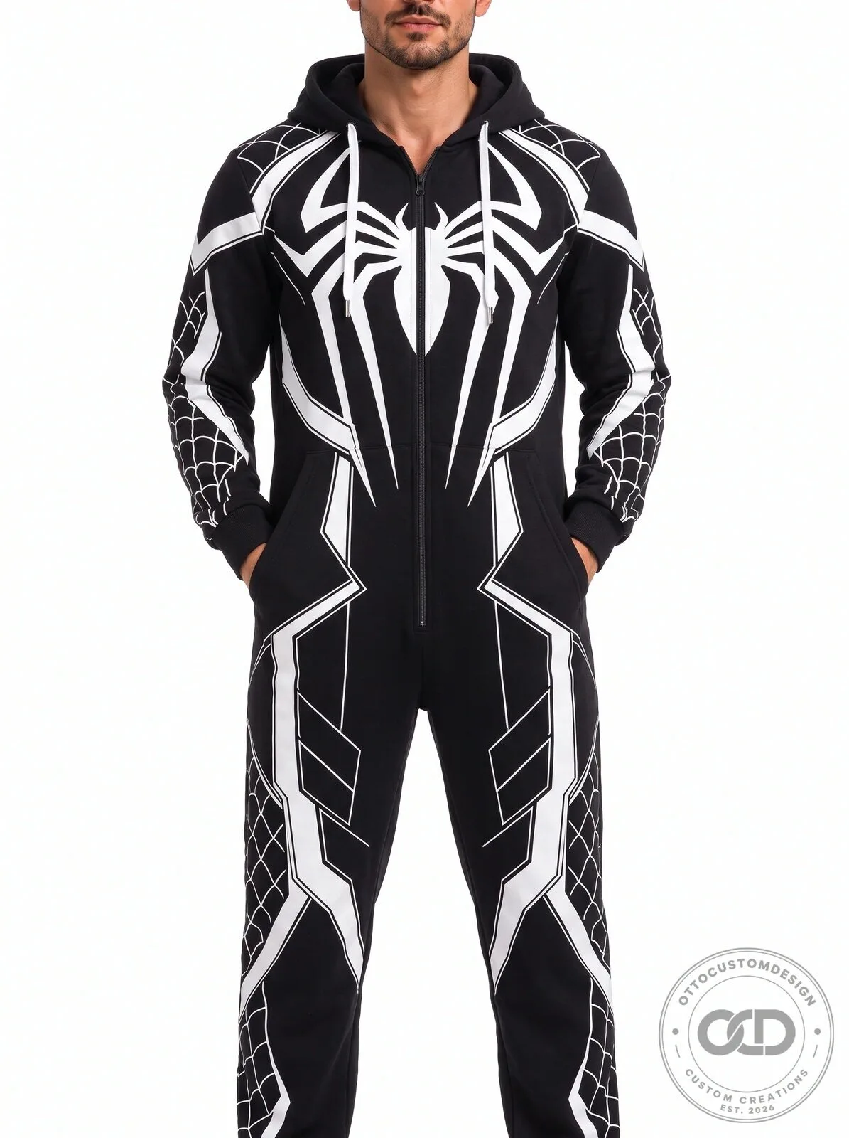 Venom Symbiote Black and White Spider Logo Full Body Hooded Jumpsuit