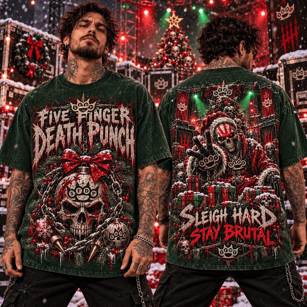 Five Finger Death Punch Christmas Skull Santa Sleigh Hard Stay Brutal T-Shirt