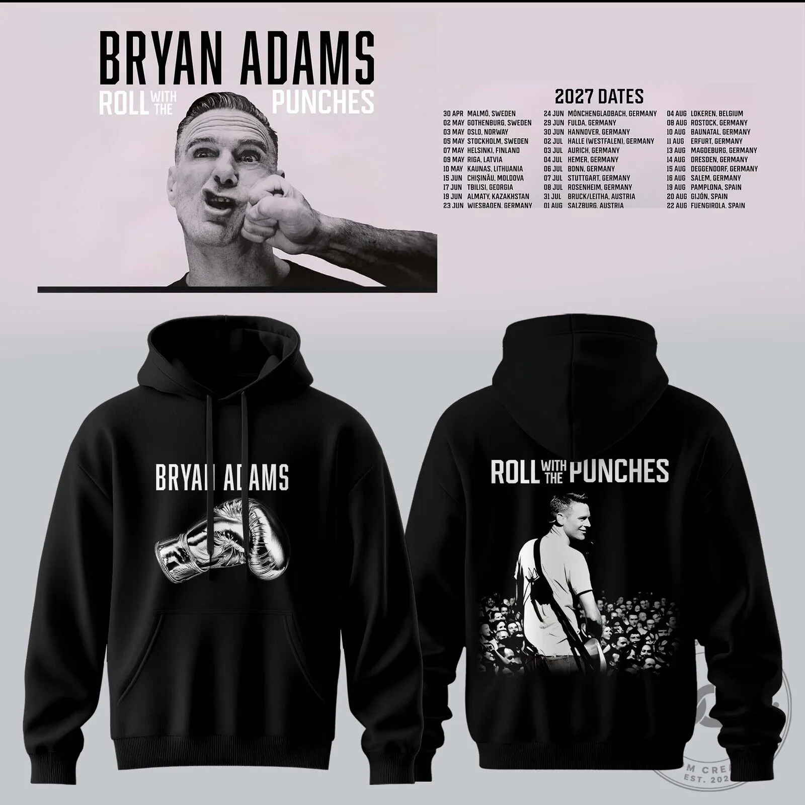 Bryan Adams Roll With The Punches 2027 Tour Dates Concert Black Hoodie