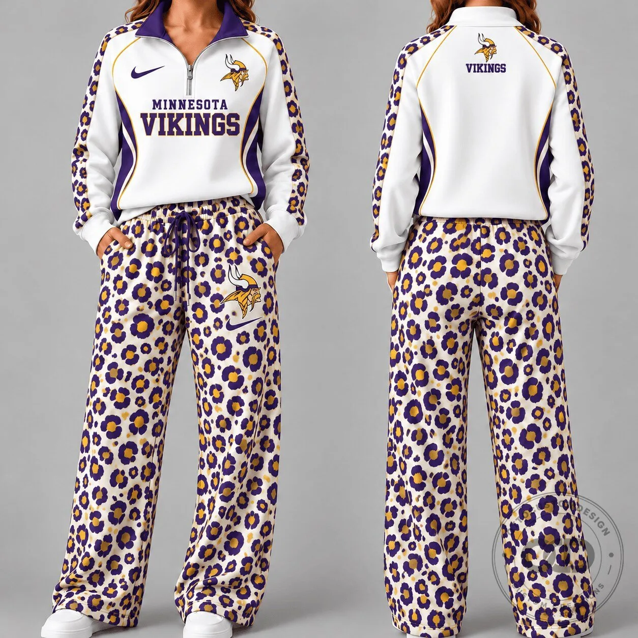 Minnesota Vikings Leopard Print Quarter Zip Pullover Hoodie and Pants Set