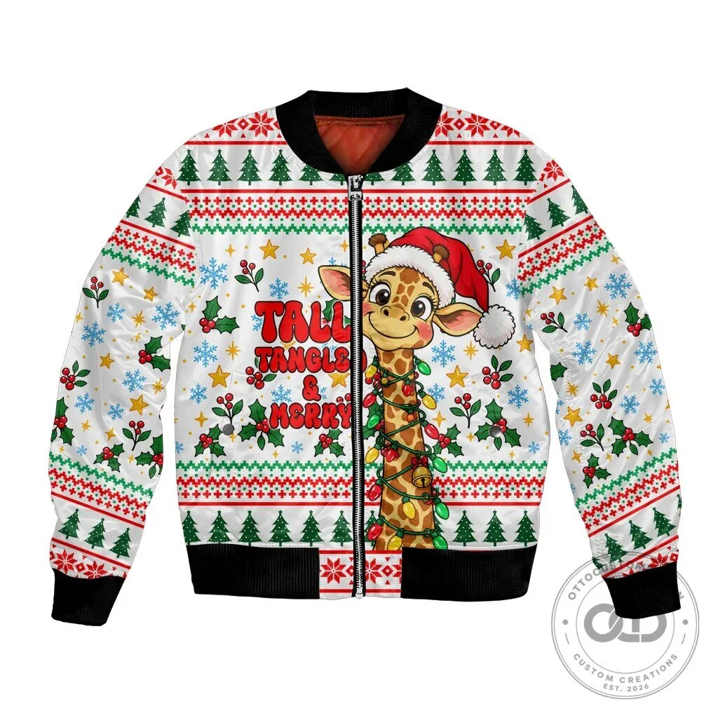 Cute Christmas Giraffe Lights Bomber Jacket Funny Tall Tangled Animal Santa Hat